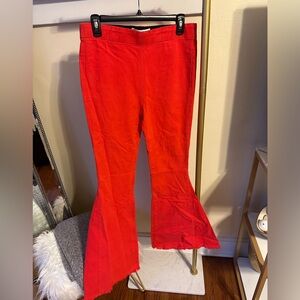 Red soft denim with fringe on bellbottom